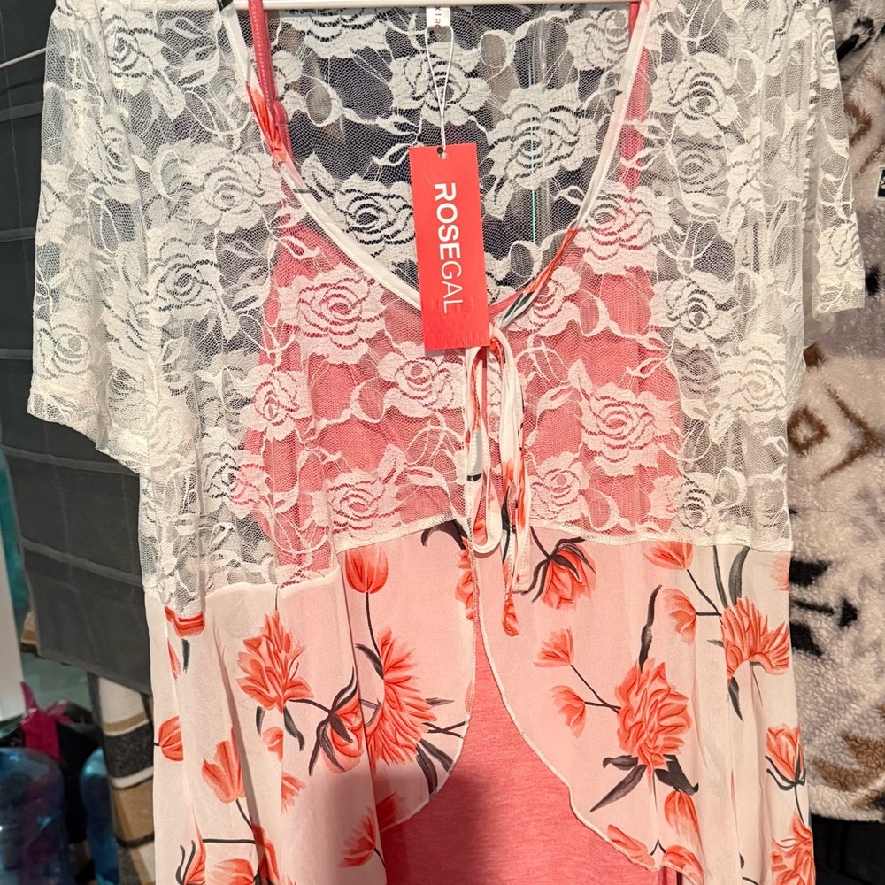 Rosegal Pink and Cream Floral Lace Blouse